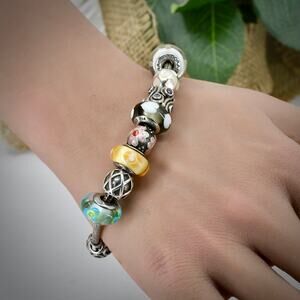 Auth PANDORA 14K Gold Clasp Moments Charm Bracelet With 13 Charms Murano
